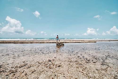 coast person standing on rock surrounded by body of water ocean