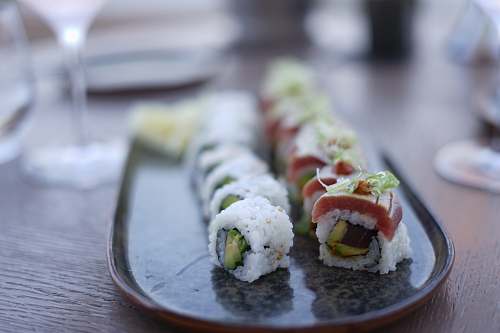 sushi sushi plates on gray platter burger
