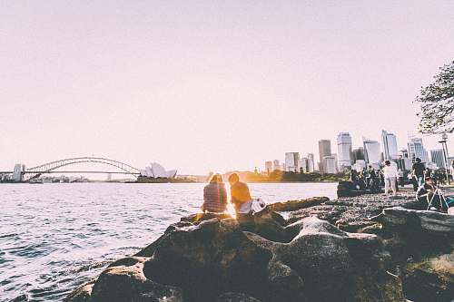 sydney people sitting and standing at shore watching the sunset near the Sydney Opera House in panorama photography sea