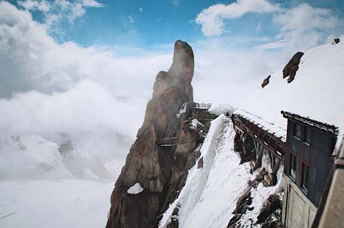 mountains snow filled mountain with train railway rock