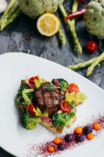 dish meat and vegetable on plate plant