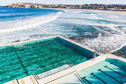 water bird's-eye view photography of person standing beside swimming pool beach