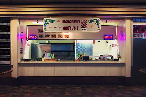 restaurant Ronn Sushi storefront at night cafeteria