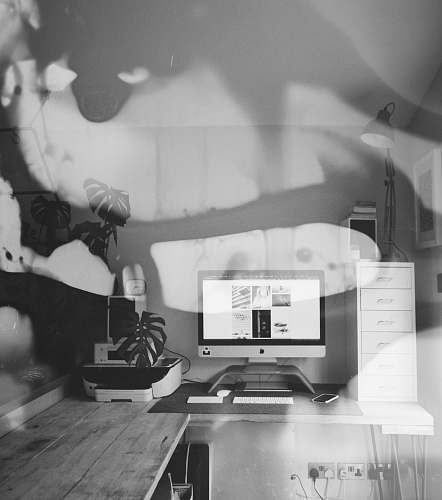table silver iMac black-and-white