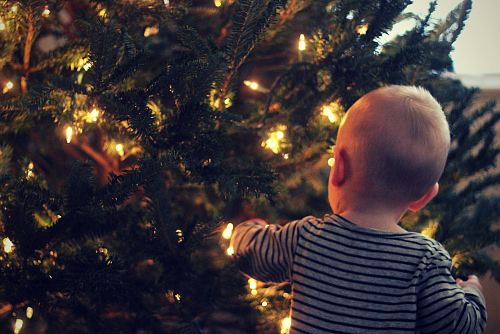 boy wearing gray shirt standing near christmas tree