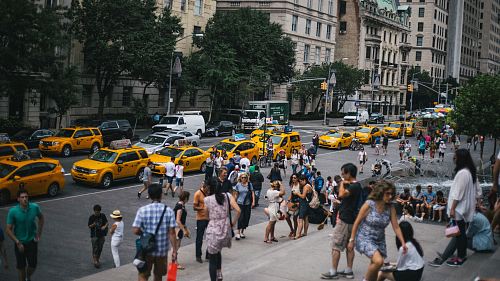 lined yellow taxis