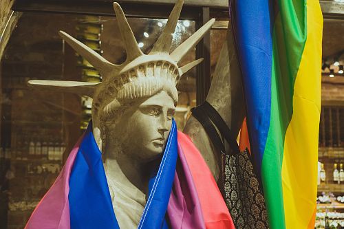 Statue of Liberty sculpture with hung textiles