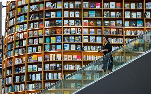 person woman standing on escalator near brown wooden book shelves indoors