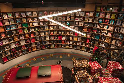 book room with racks of boxes bookstore