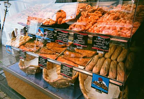 shop baked bread on display counter grocery store