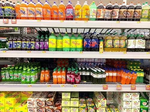 market assorted-label bottle lot shelf