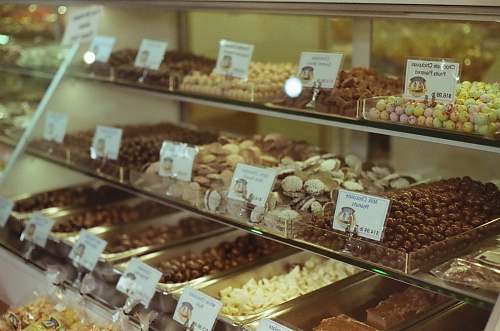 bakery assorted pastries in display counter confectionery