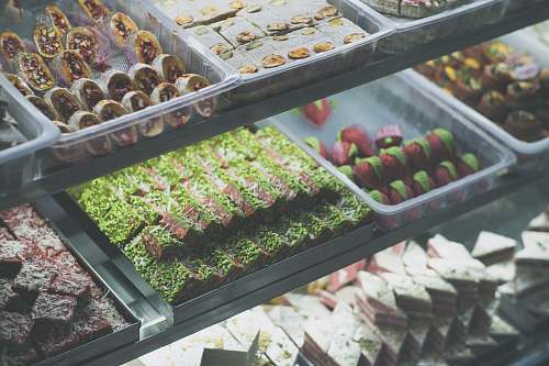 food variety of cookies on trays confectionery