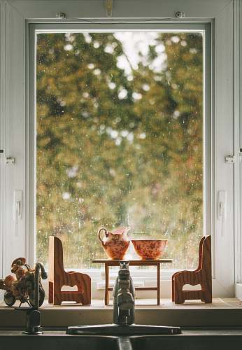 person miniature chairs and table near window window
