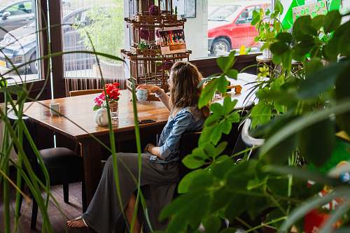 furniture woman sitting near wooden table chair