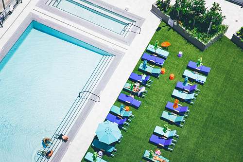 grass aerial photo of sunlounger near water pool toy