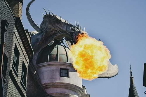 building fire breathing dragon figure on building rooftop orlando