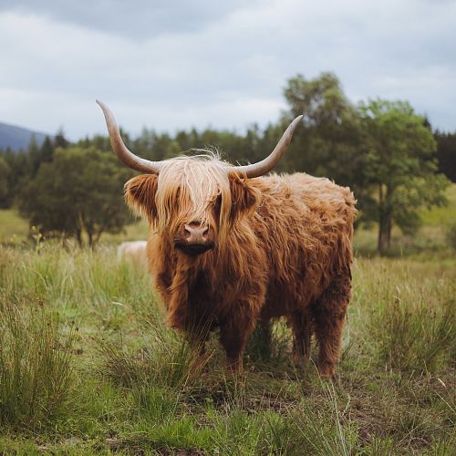 brown yak in green field near trees during daytime