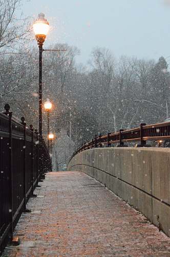 winter photo of turned on street lights near railing snow