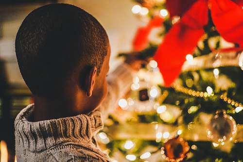 lights selective focus photography of boy near lit Christmas tree christmas tree
