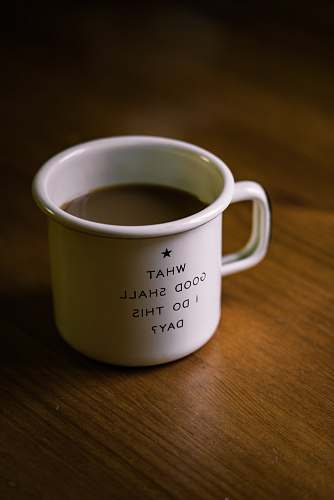 coffee white and black ceramic cup filled with brown liquid on brown wooden sufface quote