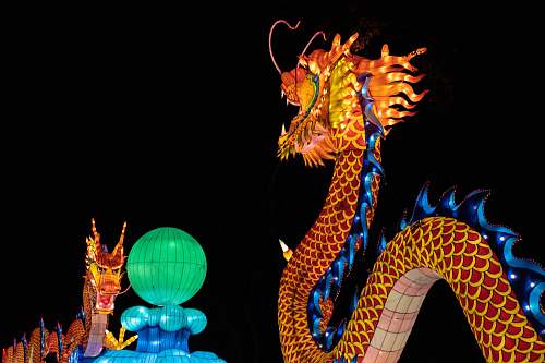 lights orange and blue lighted dragon statue chinese lantern