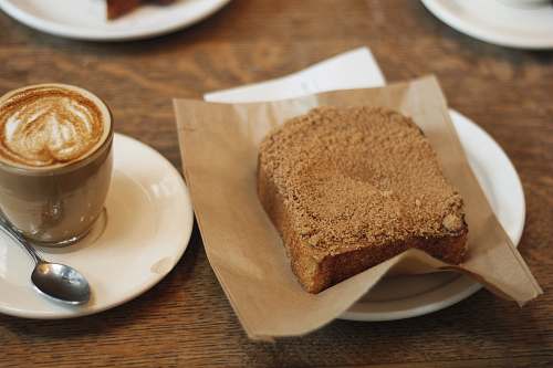 breakfast cake on plate and coffee beverage in cup toast