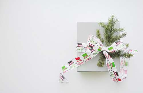gift green pine tree leaves tied with multicolored fabric strap ribbon paper