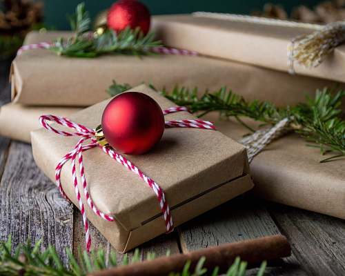 tree red bauble on brown giftbox gift