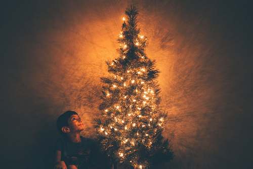 edinburg smiling boy beside Christmas tree with lighted string lights united states