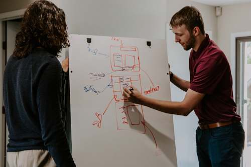 human man drawing on dry-erase board white board