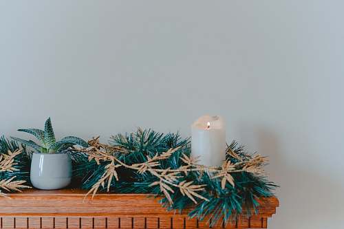 pot candle with garlands on shelf flora
