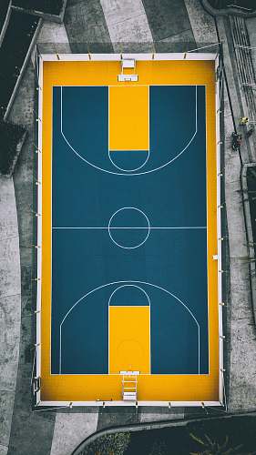 basketball aerial view photography of yellow and blue basketball court yellow