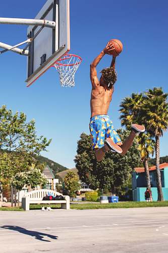 sports person dunking ball under blue sky during daytime basketball