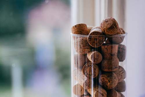 nut brown cork lot on glass container food