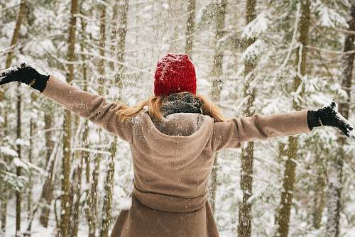 woman woman wearing hoodie spreading her arm near trees with snows lake placid