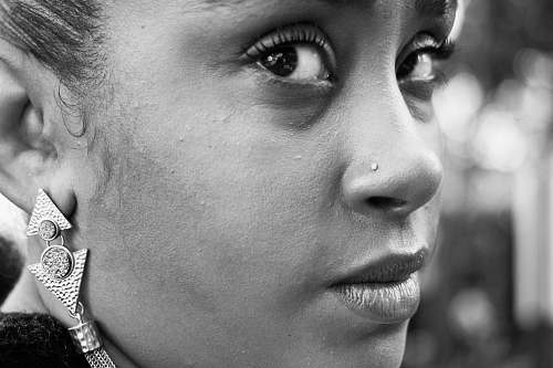 human close-up and grayscale photo of woman person