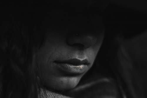 human grayscale photo of person's lips face