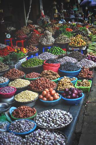vegetable assorted spices on containers at the market vietnam