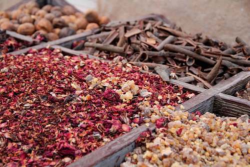 produce variety of spices on wooden crates plant