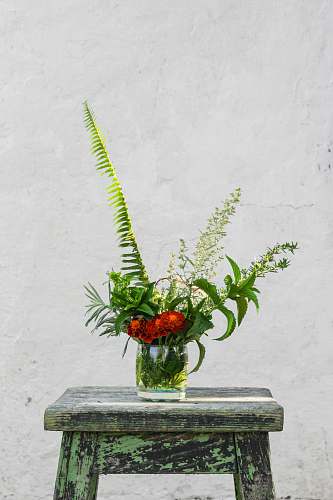 flower red petaled flowers in glass vase on blue wooden bar stool vase