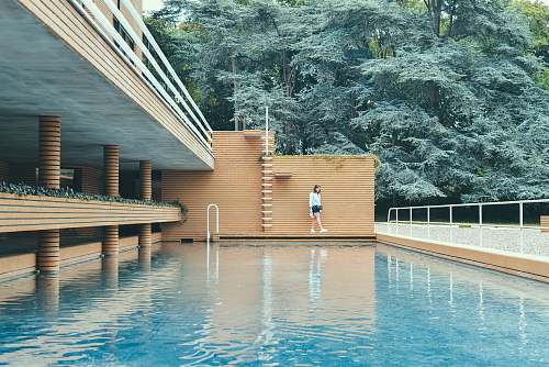 water woman wearing white shirt standing beside brown bricked wall and blue water pool near trees during daytime tree