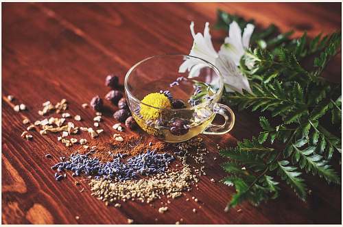 drink clear tea cup on brown surface herb