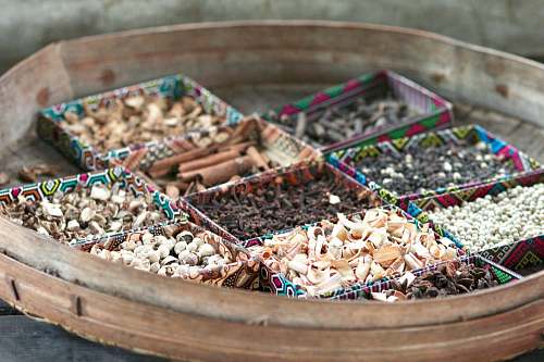 bali beans and mushrooms in baskets indonesia