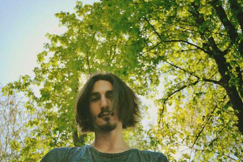 human man wearing gray crew-neck top under tree during daytime people
