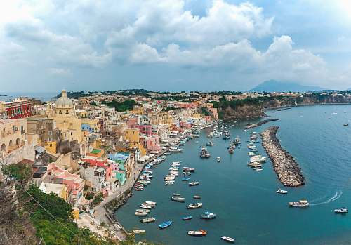 building bird's eye photo of building and body of water procida