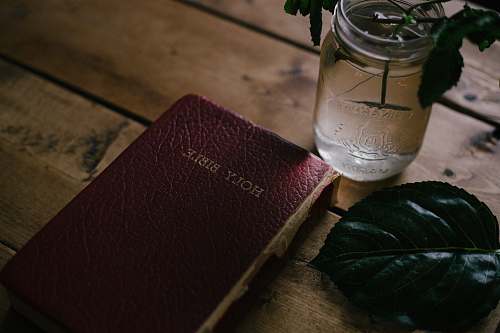 vase Holy Bible beside clear mason jar on table bible