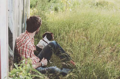 dog man sitting on green grass with white and black dog pet