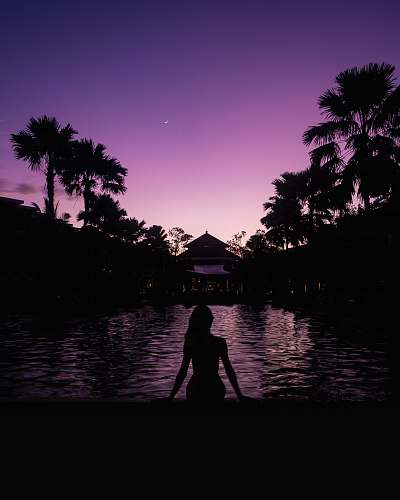 silhouette silhouette of woman sitting on edge of the pool during nighttime palm tree