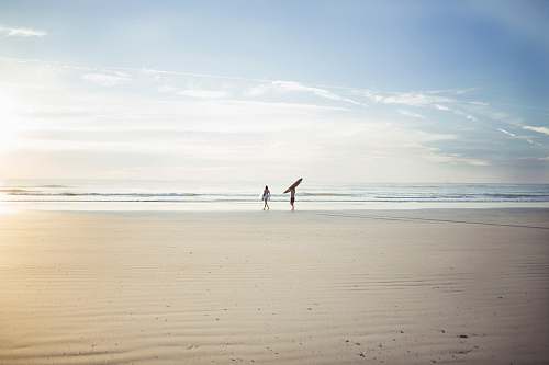 beach two person standing on seashore under clear blue sky water